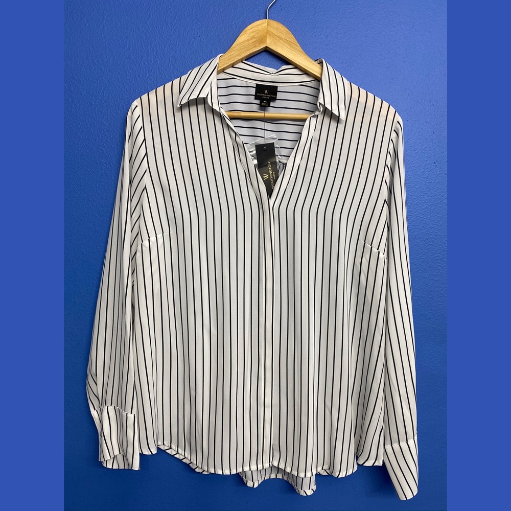 Worthington Petite Black White Stripe Blouse Top